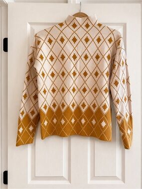 Rachel Zoe Mock Neck Geometric Knit Sweater Women’s Medium Cream Mustard